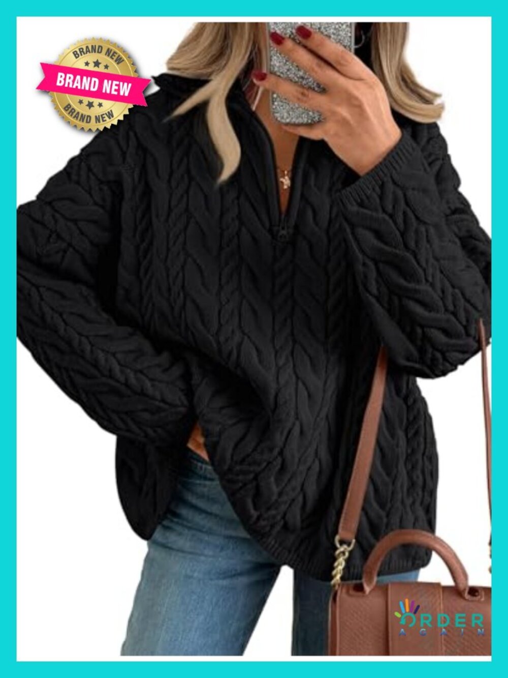 Oversized Chunky Cable Knit Quarter Zip Drop Shoulder Pullover Sweater